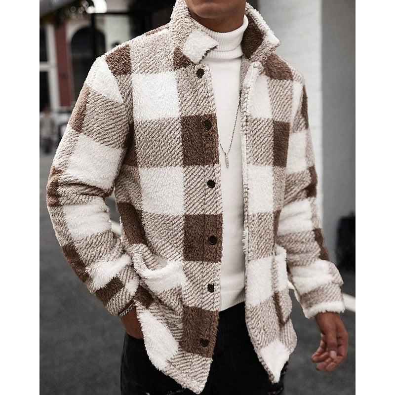Fleece Jacket Men's Plaid Stand Collar Zip-Up Coat Brown White – Casual, Winter, Office, Gift