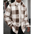 Fleece Jacket Men's Plaid Stand Collar Zip-Up Coat Brown White – Casual, Winter, Office, Gift