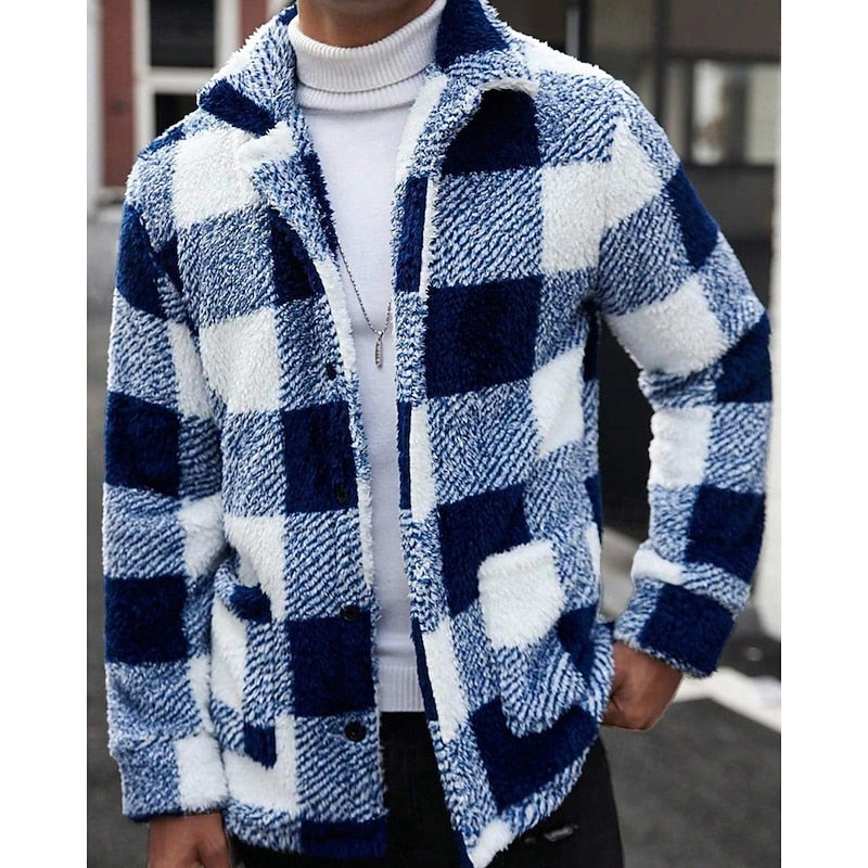 Fleece Jacket Men's Plaid Stand Collar Zip-Up Coat Brown White – Casual, Winter, Office, Gift