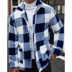 Fleece Jacket Men's Plaid Stand Collar Zip-Up Coat Brown White – Casual, Winter, Office, Gift