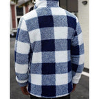 Fleece Jacket Men's Plaid Stand Collar Zip-Up Coat Brown White – Casual, Winter, Office, Gift