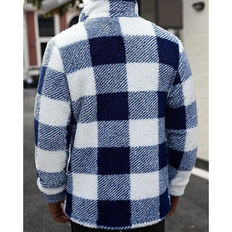 Fleece Jacket Men's Plaid Stand Collar Zip-Up Coat Brown White – Casual, Winter, Office, Gift