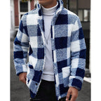 Fleece Jacket Men's Plaid Stand Collar Zip-Up Coat Brown White – Casual, Winter, Office, Gift