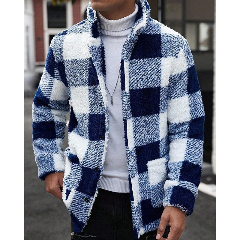 Fleece Jacket Men's Plaid Stand Collar Zip-Up Coat Brown White – Casual, Winter, Office, Gift