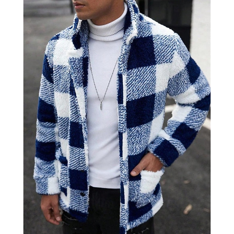 Fleece Jacket Men's Plaid Stand Collar Zip-Up Coat Brown White – Casual, Winter, Office, Gift