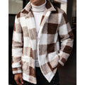Fleece Jacket Men's Plaid Stand Collar Zip-Up Coat Brown White – Casual, Winter, Office, Gift