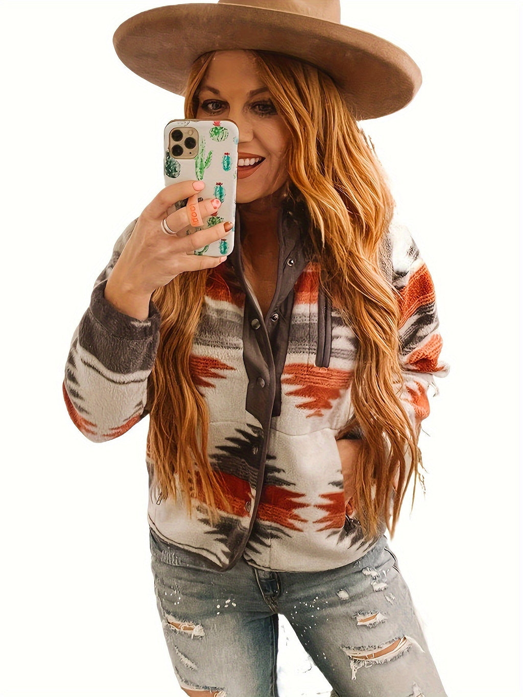 Fleece Jacket Women's Aztec Print Snap-Front – Casual, Fall Layering Outerwear · Faylori
