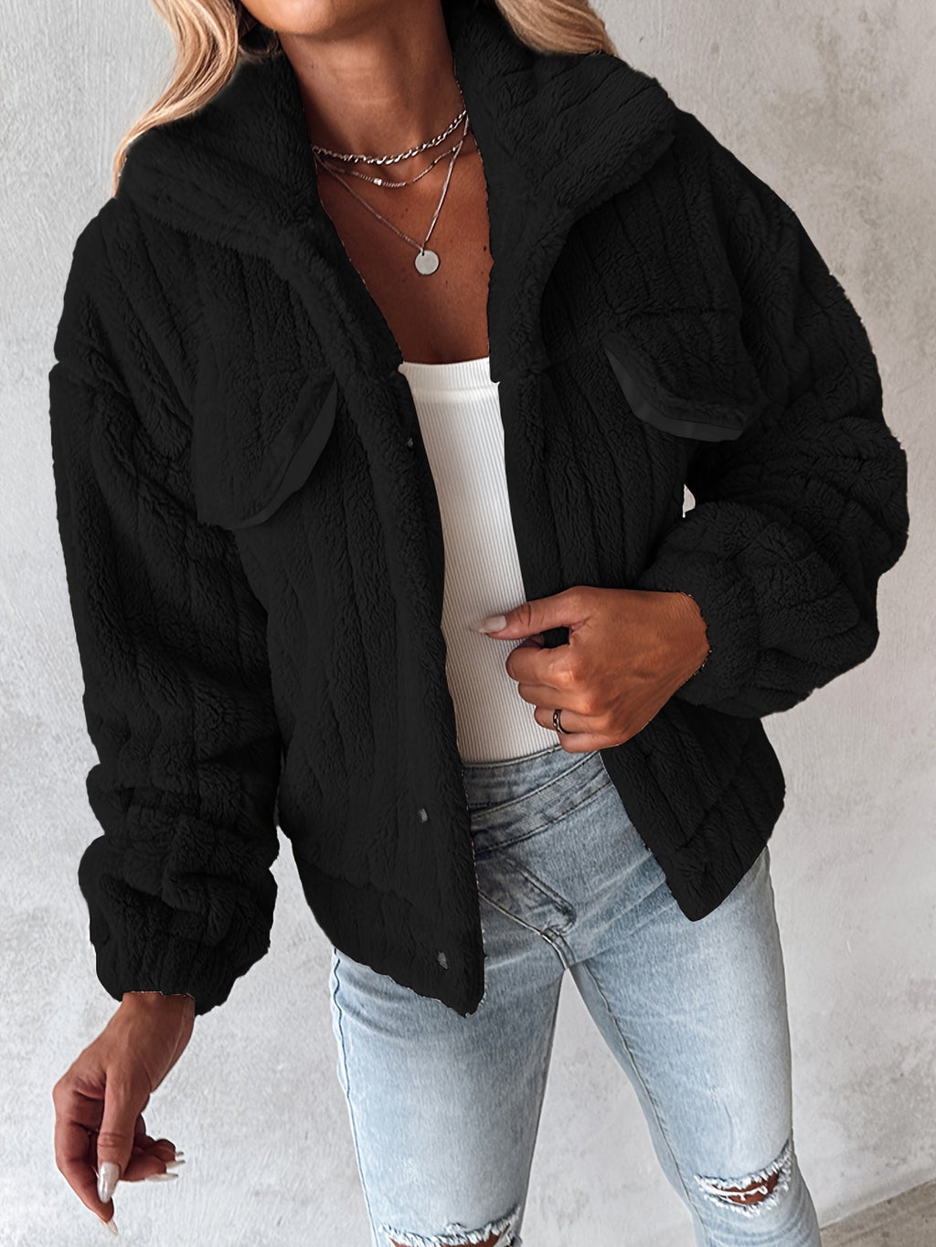 Fleece Jacket Women's Black Textured Button-Up – Casual, Winter Warmth Outerwear