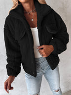 Fleece Jacket Women's Black Textured Button-Up – Casual, Winter Warmth Outerwear