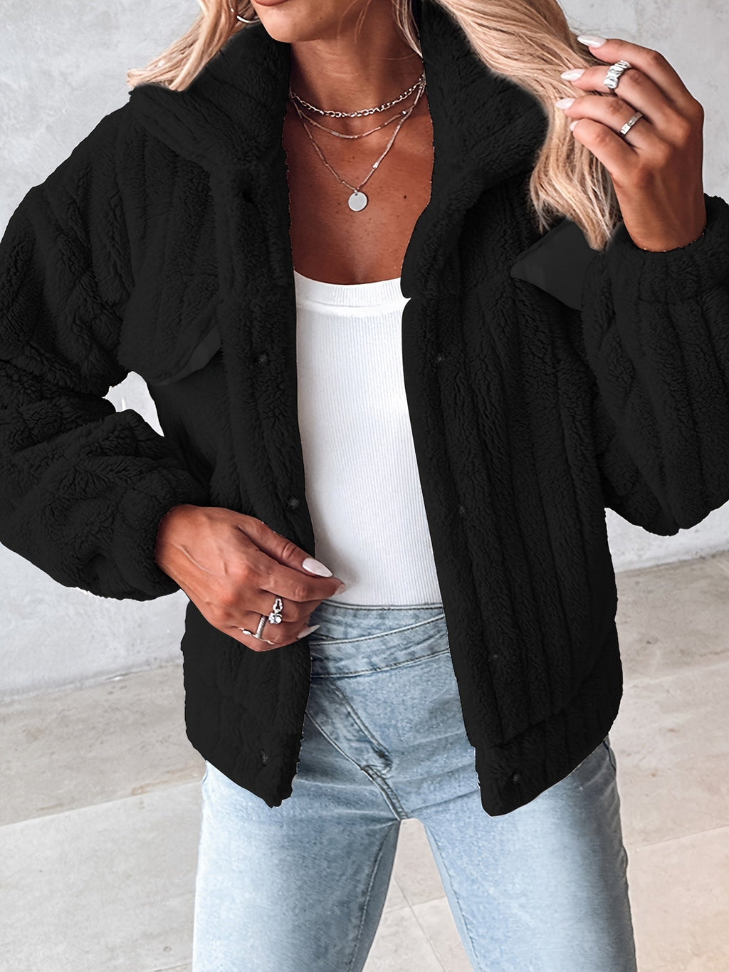 Fleece Jacket Women's Black Textured Button-Up – Casual, Winter Warmth Outerwear
