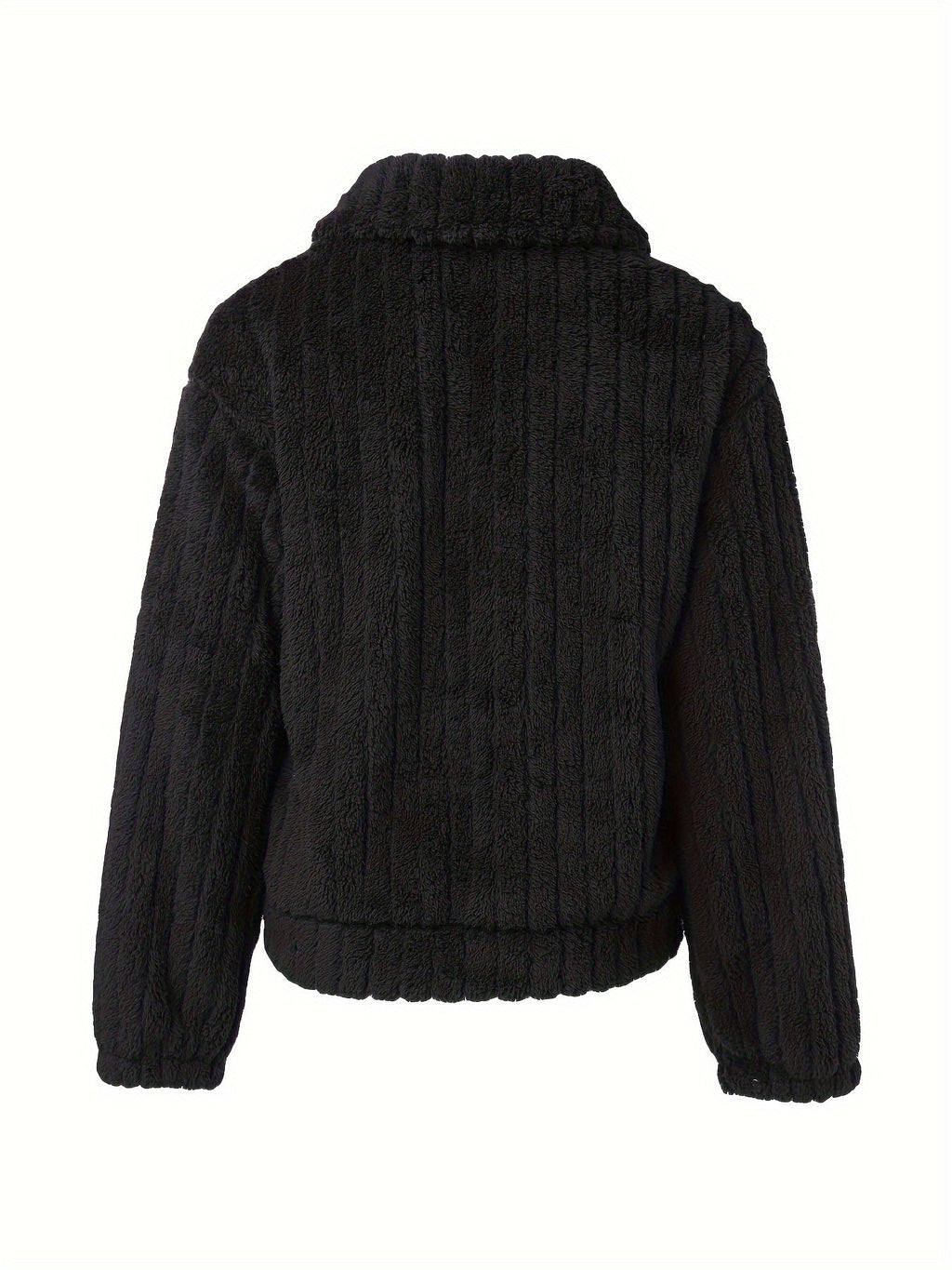 Fleece Jacket Women's Black Textured Button-Up – Casual, Winter Warmth Outerwear