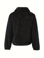 Fleece Jacket Women's Black Textured Button-Up – Casual, Winter Warmth Outerwear