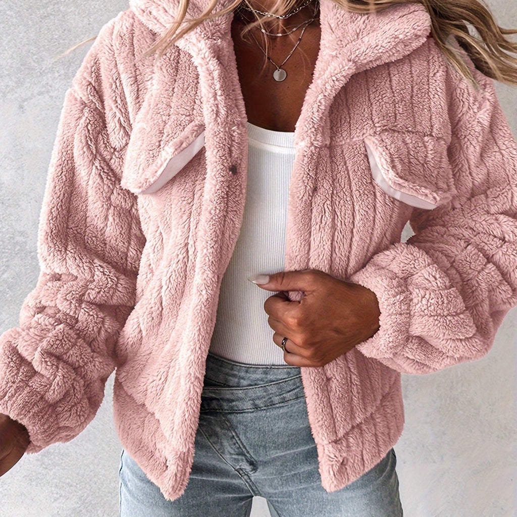 Fleece Jacket Women's Black Textured Button-Up – Casual, Winter Warmth Outerwear