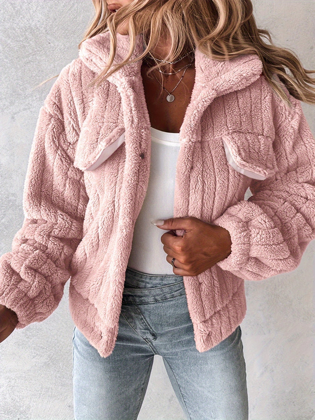Fleece Jacket Women's Black Textured Button-Up – Casual, Winter Warmth Outerwear