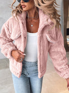 Fleece Jacket Women's Black Textured Button-Up – Casual, Winter Warmth Outerwear