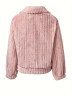 Fleece Jacket Women's Black Textured Button-Up – Casual, Winter Warmth Outerwear