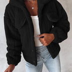 Fleece Jacket Women's Black Textured Button-Up – Casual, Winter Warmth Outerwear
