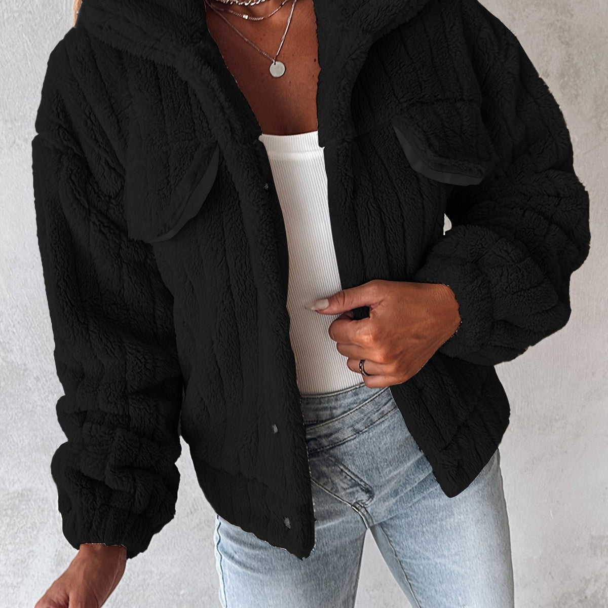 Fleece Jacket Women's Black Textured Button-Up – Casual, Winter Warmth Outerwear