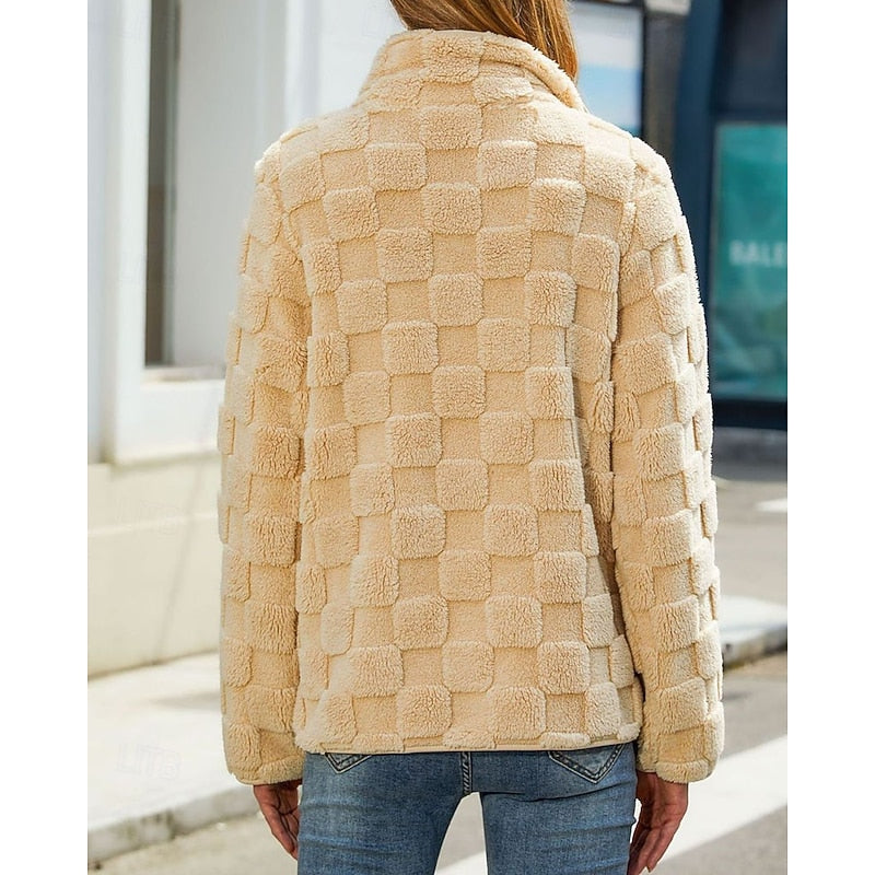Fleece Jacket Women's Textured Stand-Collar Zip-Up Beige Coat – Casual, Winter Outerwear