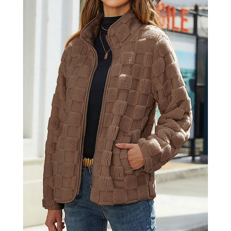 Fleece Jacket Women's Textured Stand-Collar Zip-Up Beige Coat – Casual, Winter Outerwear