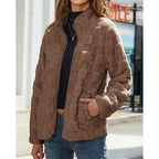 Fleece Jacket Women's Textured Stand-Collar Zip-Up Beige Coat – Casual, Winter Outerwear