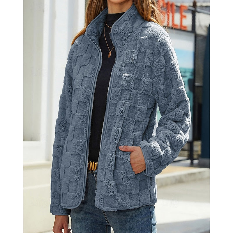 Fleece Jacket Women's Textured Stand-Collar Zip-Up Beige Coat – Casual, Winter Outerwear