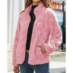 Fleece Jacket Women's Textured Stand-Collar Zip-Up Beige Coat – Casual, Winter Outerwear