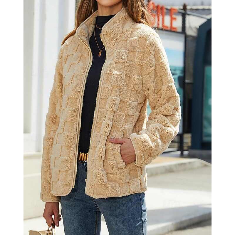 Fleece Jacket Women's Textured Stand-Collar Zip-Up Beige Coat – Casual, Winter Outerwear