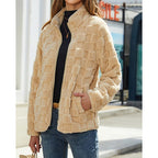 Fleece Jacket Women's Textured Stand-Collar Zip-Up Beige Coat – Casual, Winter Outerwear