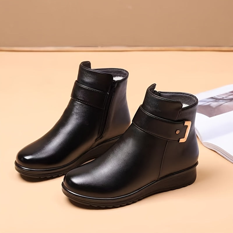 Fleece-Lined Ankle Boots Women's Black Buckle Zip Warm Booties – Winter, Casual · Faylori