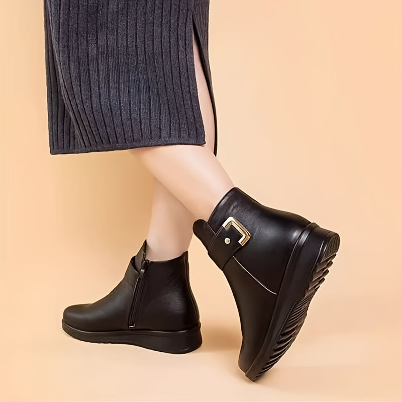 Fleece-Lined Ankle Boots Women's Black Buckle Zip Warm Booties – Winter, Casual · Faylori