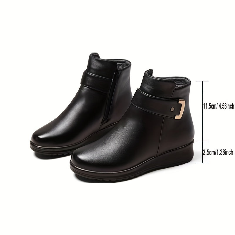 Fleece-Lined Ankle Boots Women's Black Buckle Zip Warm Booties – Winter, Casual · Faylori