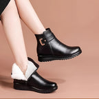 Fleece-Lined Ankle Boots Women's Black Buckle Zip Warm Booties – Winter, Casual · Faylori