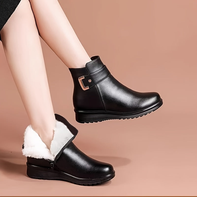 Fleece-Lined Ankle Boots Women's Black Buckle Zip Warm Booties – Winter, Casual · Faylori