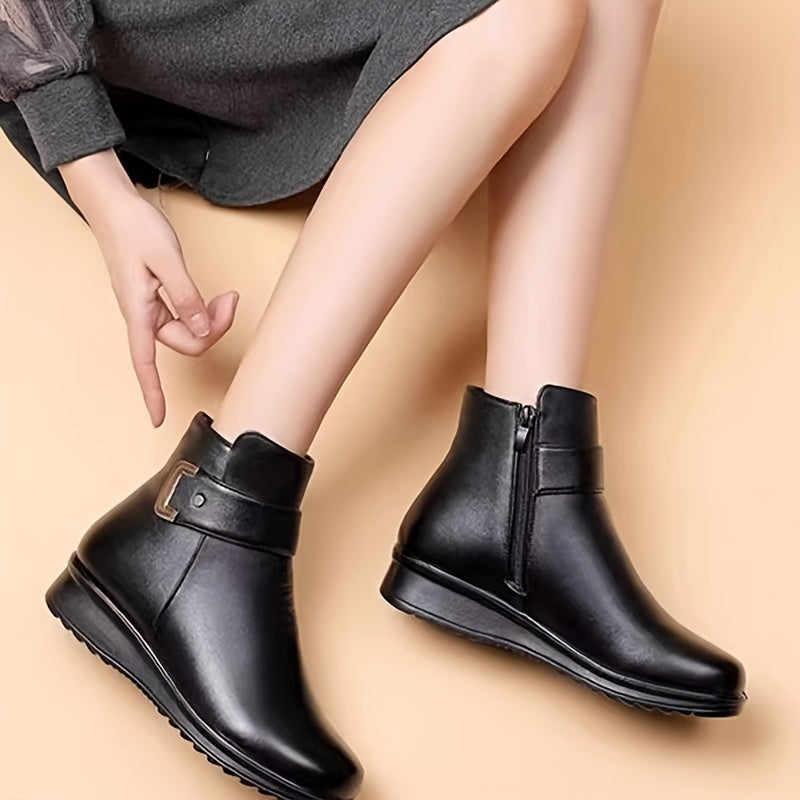 Fleece-Lined Ankle Boots Women's Black Buckle Zip Warm Booties – Winter, Casual · Faylori