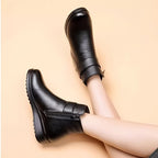 Fleece-Lined Ankle Boots Women's Black Buckle Zip Warm Booties – Winter, Casual · Faylori