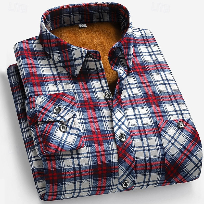 Fleece-Lined Flannel Shirt Plaid Men's Long Sleeve Button-Up – Casual, Winter Gift