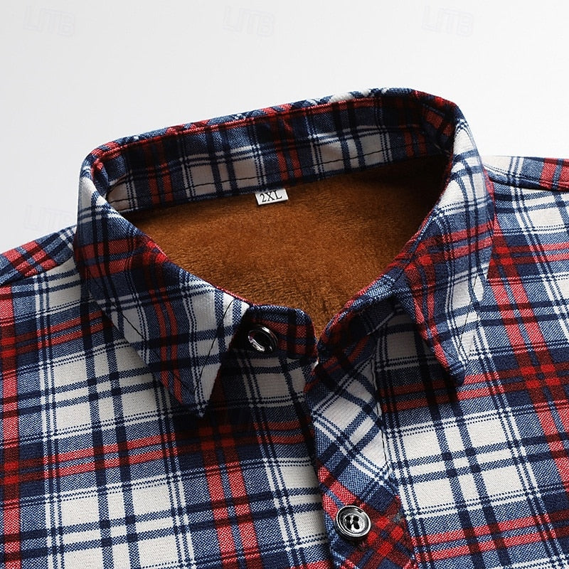 Fleece-Lined Flannel Shirt Plaid Men's Long Sleeve Button-Up – Casual, Winter Gift