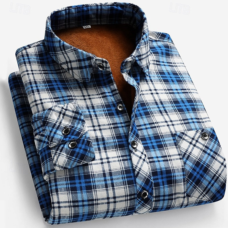 Fleece-Lined Flannel Shirt Plaid Men's Long Sleeve Button-Up – Casual, Winter Gift