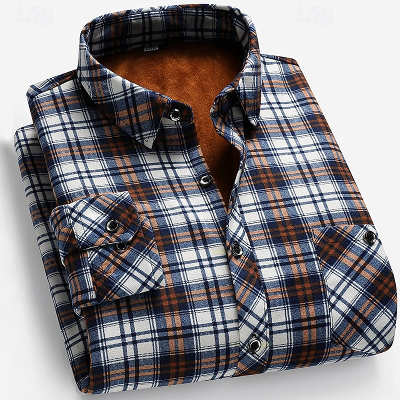 Fleece-Lined Flannel Shirt Plaid Men's Long Sleeve Button-Up – Casual, Winter Gift