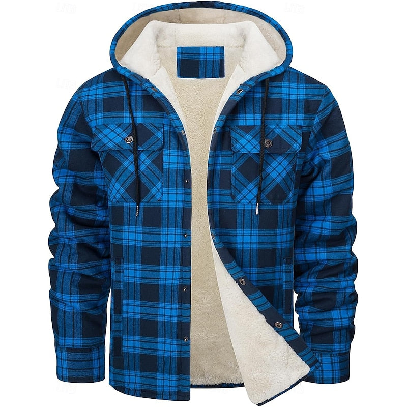 Fleece-Lined Hooded Flannel Shirt Jacket Men's Plaid Button-Up Shacket – Casual, Winter