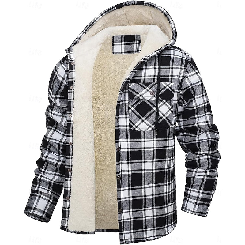 Fleece-Lined Hooded Flannel Shirt Jacket Men's Plaid Button-Up Shacket – Casual, Winter