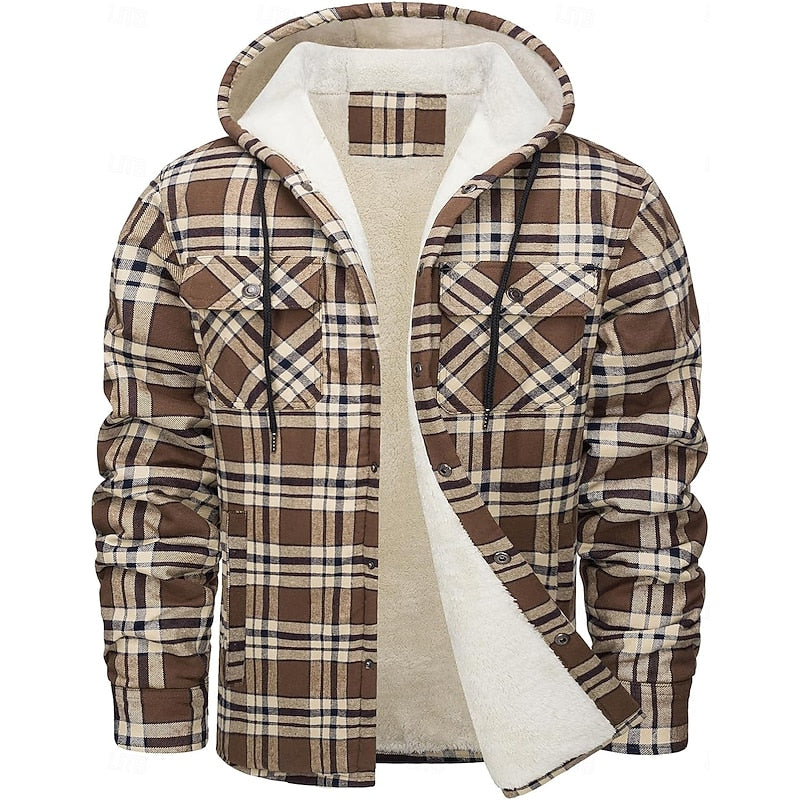 Fleece-Lined Hooded Flannel Shirt Jacket Men's Plaid Button-Up Shacket – Casual, Winter
