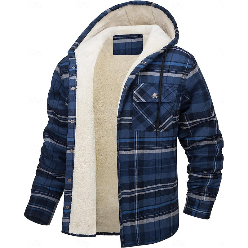 Fleece-Lined Hooded Flannel Shirt Jacket Men's Plaid Button-Up Shacket – Casual, Winter