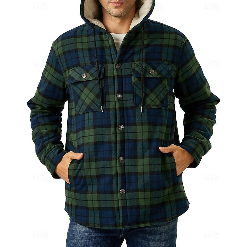 Fleece-Lined Hooded Flannel Shirt Jacket Men's Plaid Button-Up Shacket – Casual, Winter