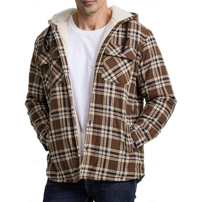 Fleece-Lined Hooded Flannel Shirt Jacket Men's Plaid Button-Up Shacket – Casual, Winter