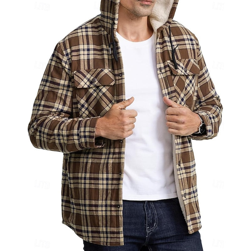 Fleece-Lined Hooded Flannel Shirt Jacket Men's Plaid Button-Up Shacket – Casual, Winter