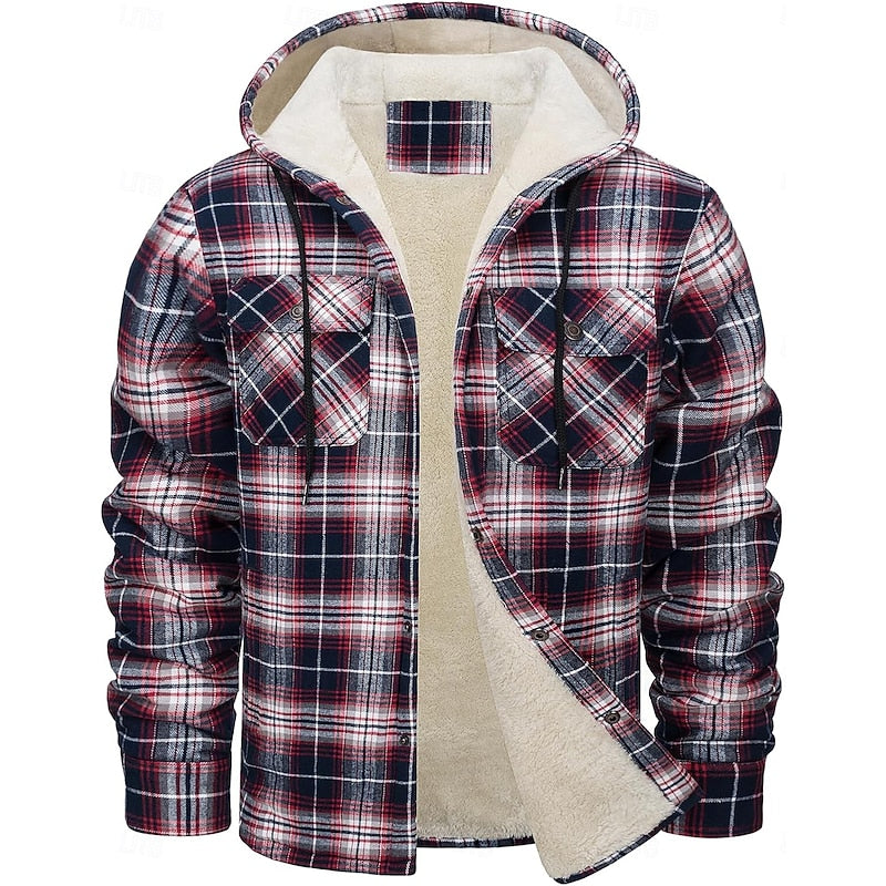 Fleece-Lined Hooded Flannel Shirt Jacket Men's Plaid Button-Up Shacket – Casual, Winter