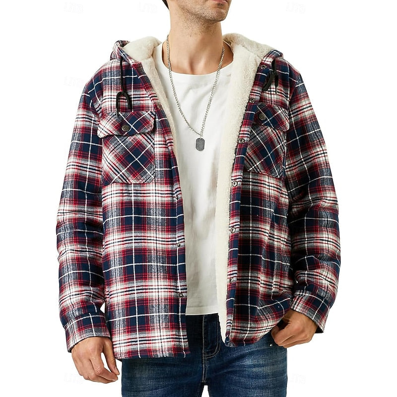 Fleece-Lined Hooded Flannel Shirt Jacket Men's Plaid Button-Up Shacket – Casual, Winter