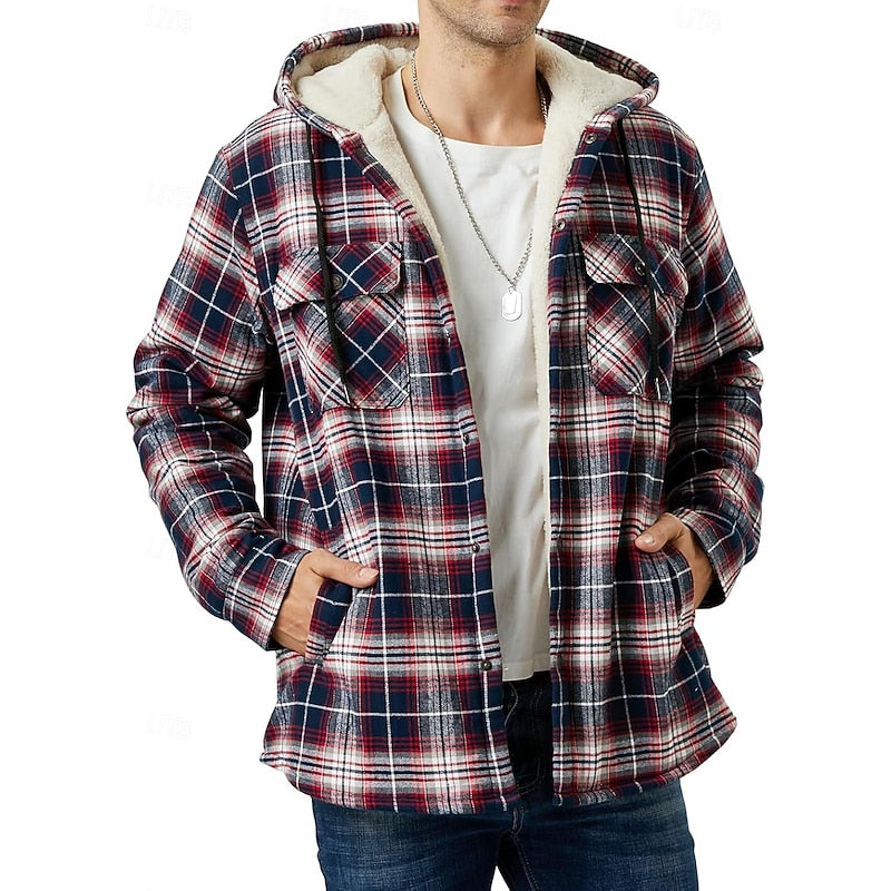 Fleece-Lined Hooded Flannel Shirt Jacket Men's Plaid Button-Up Shacket – Casual, Winter
